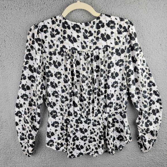 CAbi Blouse Womens Small Office Siren Ruched Sleeves Peplum V Neck Leopard Wrap - Picture 2 of 14